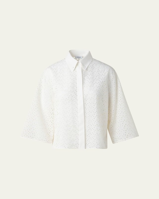 Eyelet Three-Quarter Sleeve Poplin Blouse
